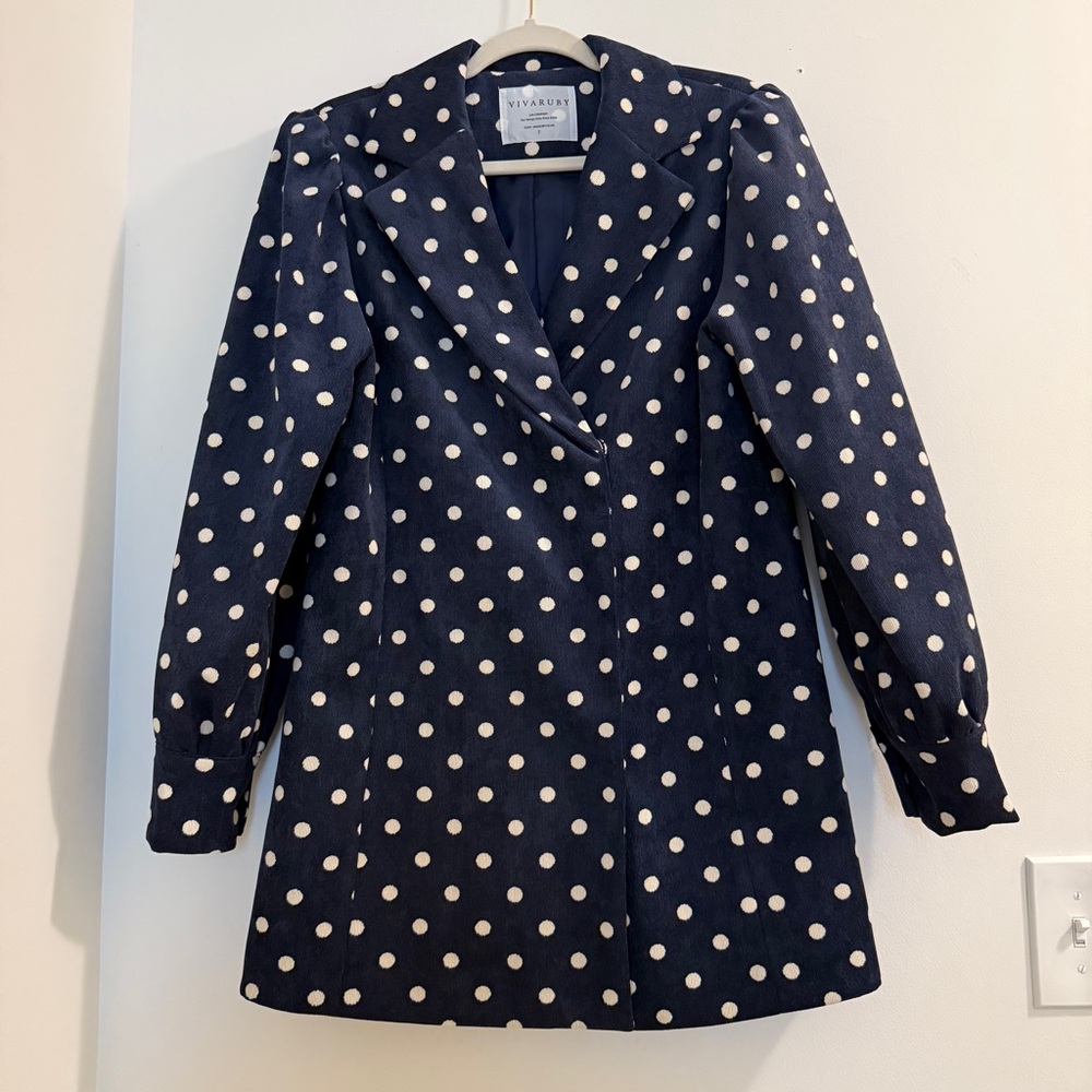 White and Blue Polka Dot Blazer with Puff Sleeves - Picture 5 of 14
